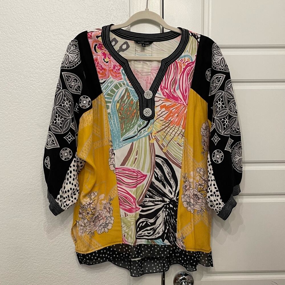 John Mark Patchwork Floral Tunic in Yellow, Pink & Black